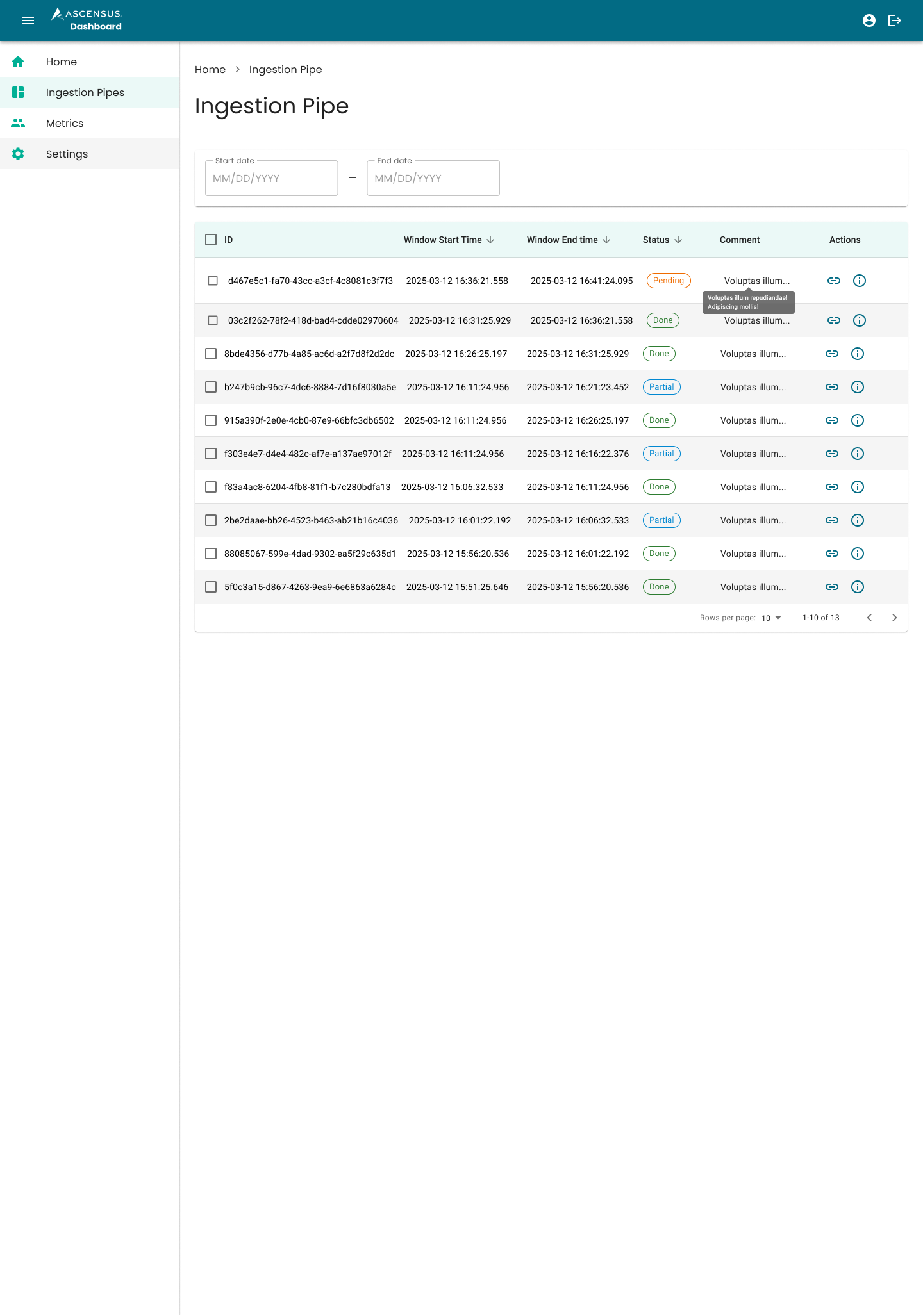 Ingestion Pipes table — sortable by ID, window times, and status with date-range controls