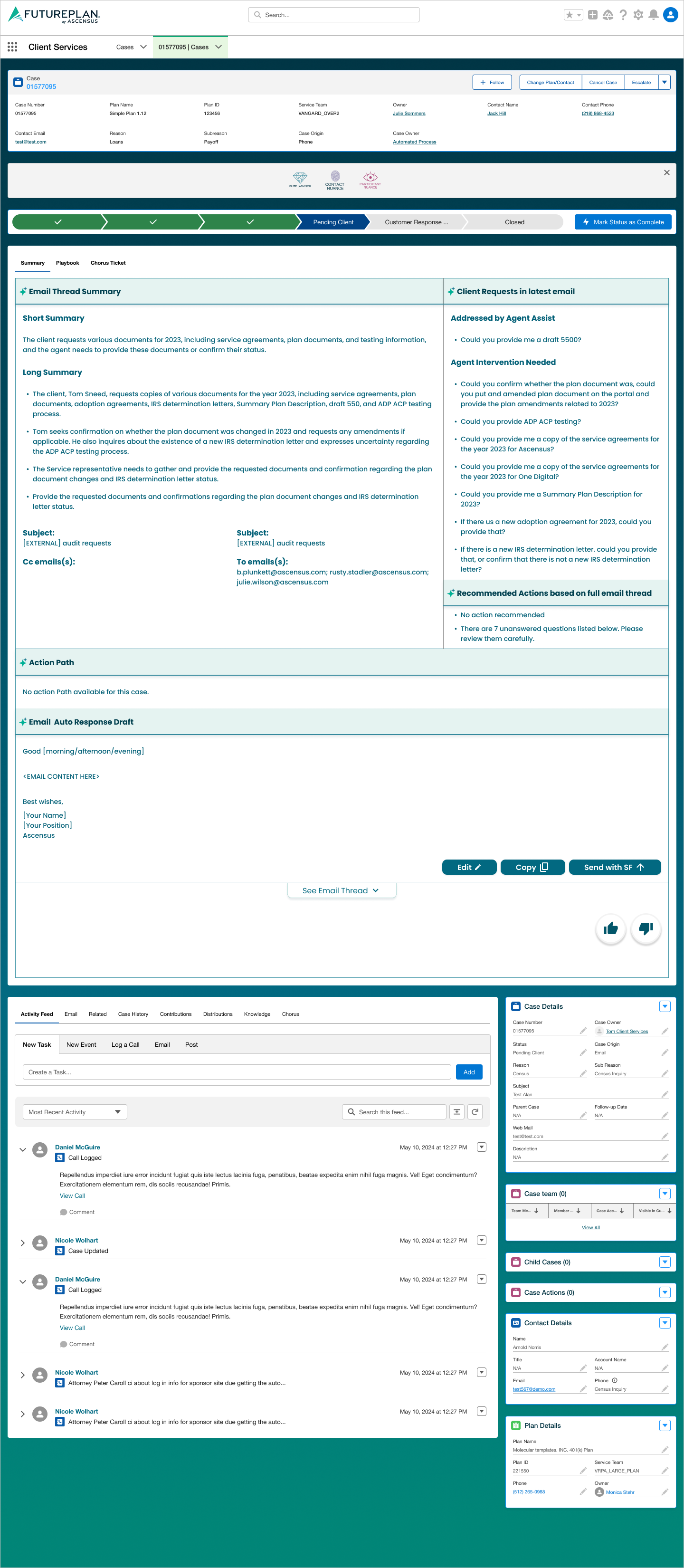 Email Draft Version 1 — linear layout with email thread summary, client requests, action path, and auto response draft embedded directly in the case view