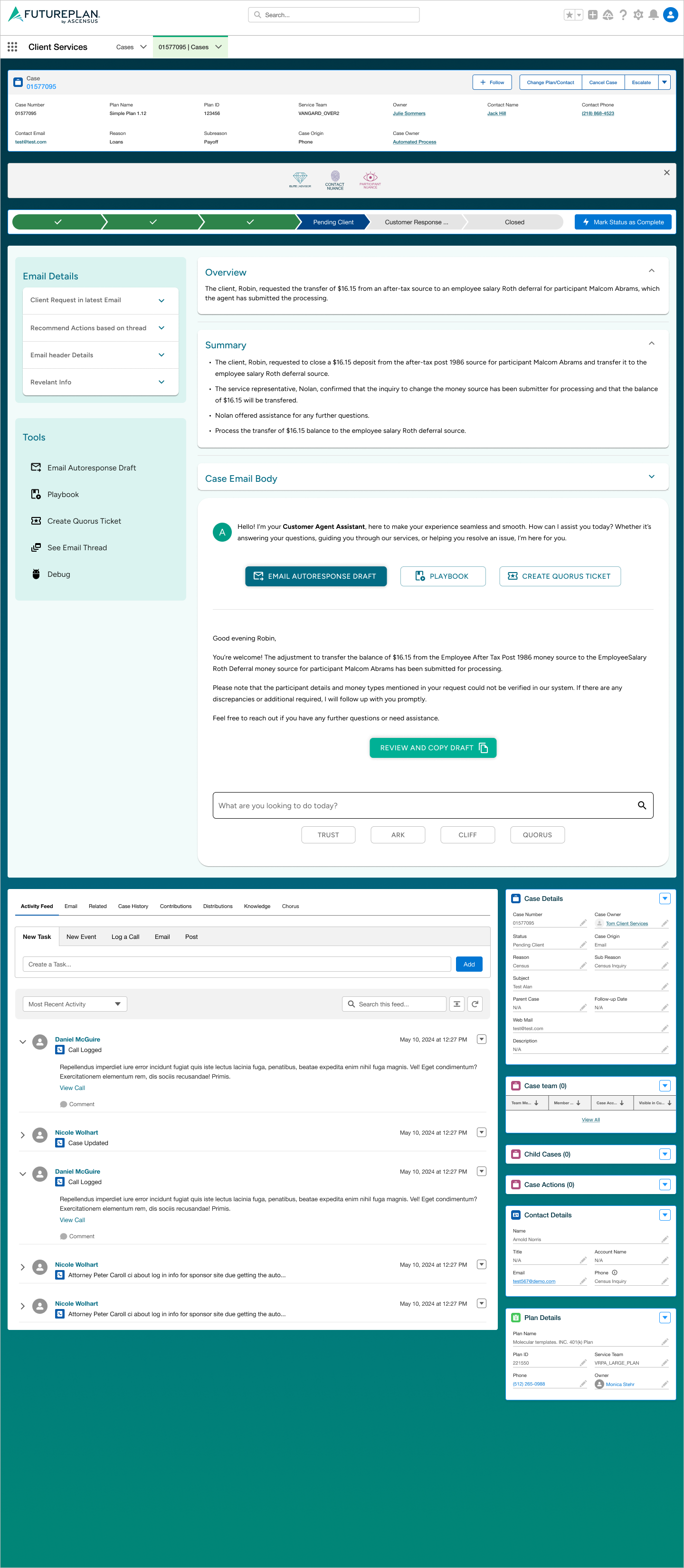 Email Draft Version 2 — sidebar navigation with Email Details and Tools panel, chatbot interface with Email Autoresponse Draft, Playbook, and Create Quorus Ticket actions