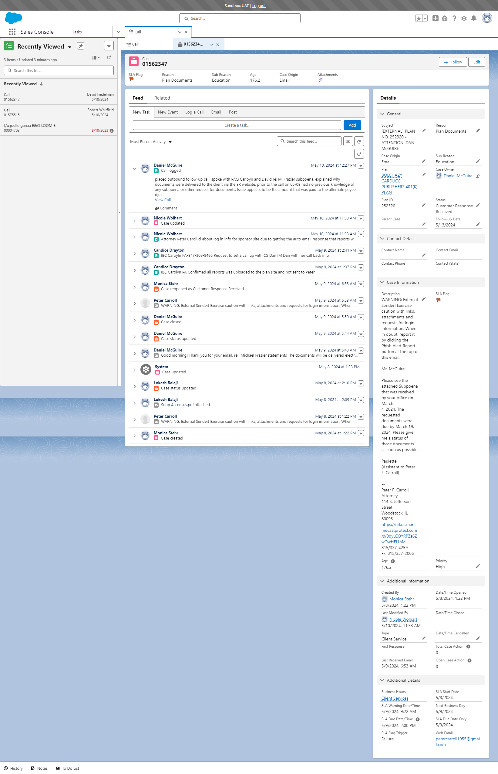 Salesforce case detail view — activity feed, case details panel, and contact information agents must cross-reference