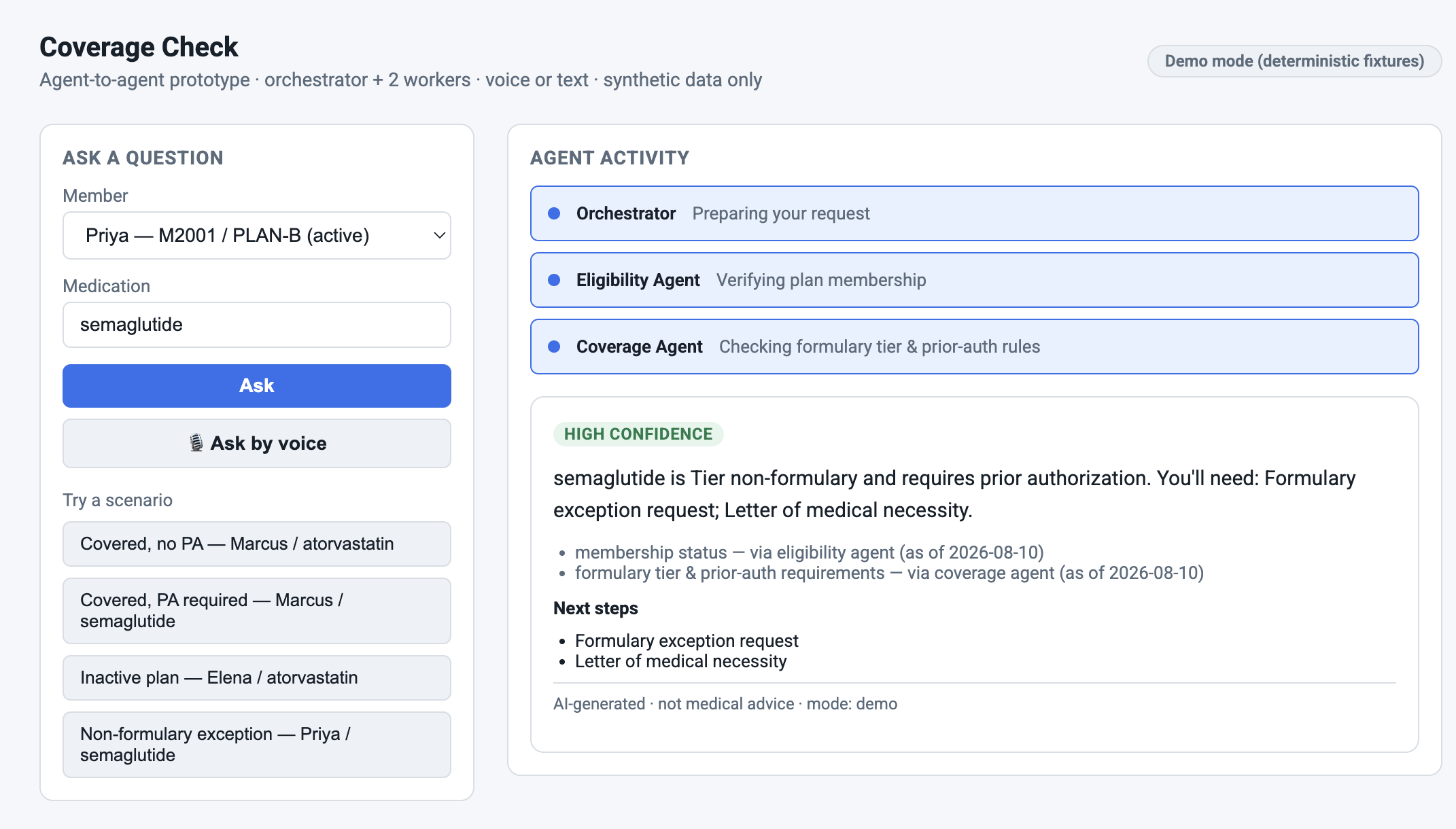 Coverage Check running live — agent activity trace showing the Eligibility and Coverage agents, and a synthesized high-confidence answer with next steps