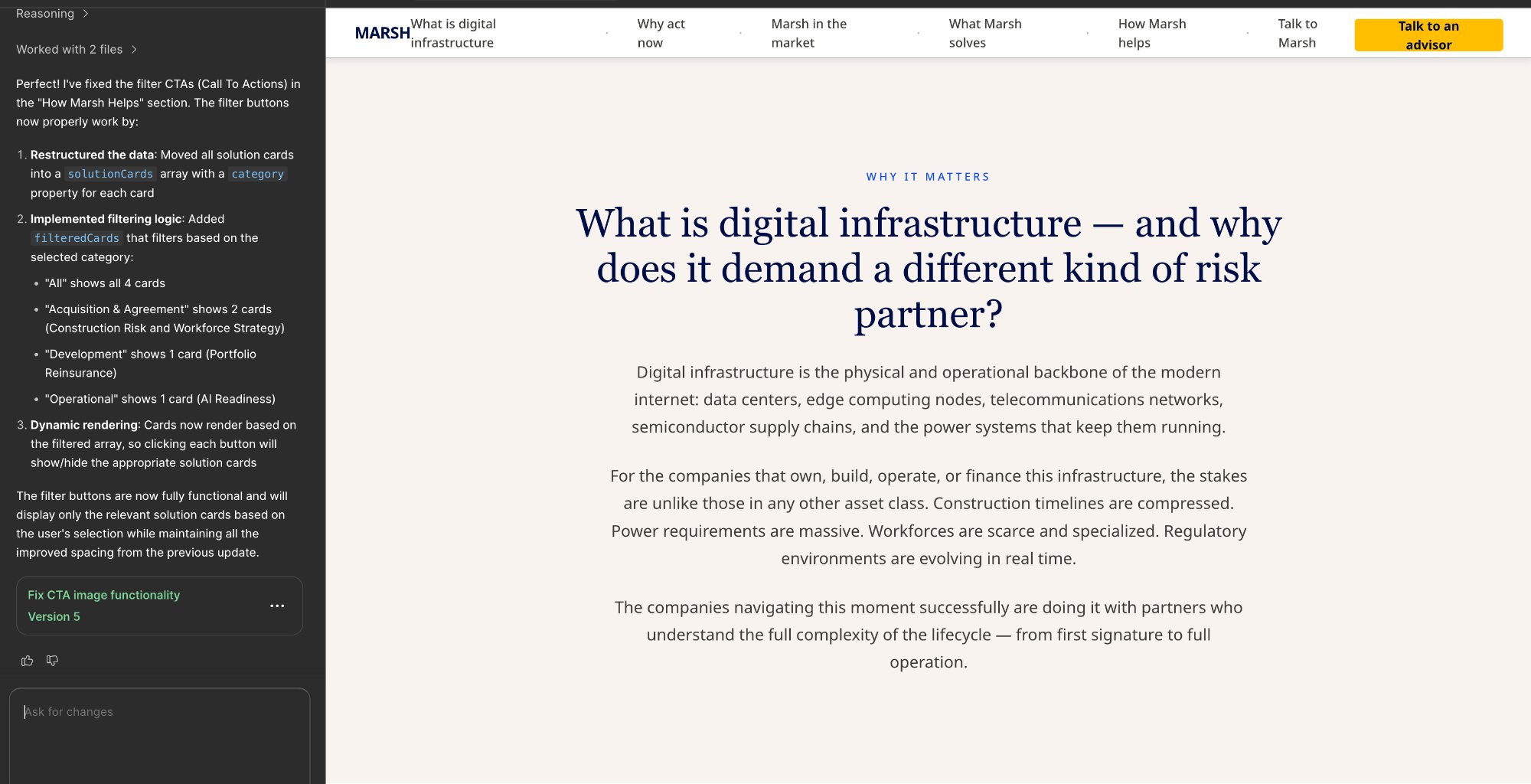 Figma Make prototype — What is digital infrastructure section with sticky nav, light off-white background, centered editorial serif headline and body copy