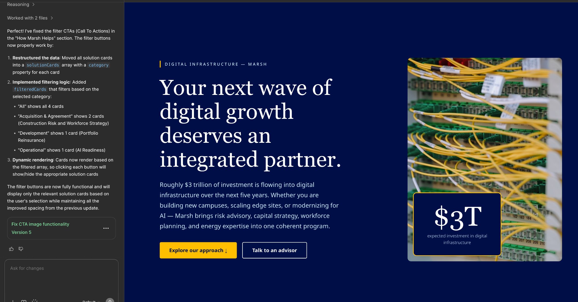 Figma Make prototype — Marsh hero section with dark navy background, serif headline, $3T stat card, and fiber optic cable photography