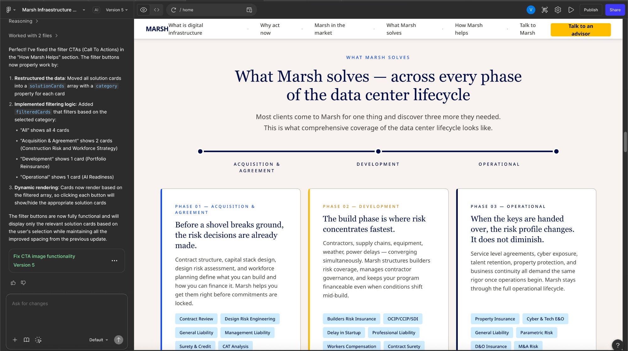 Figma Make prototype — What Marsh Solves section showing three-column phase cards with timeline graphic, phase headlines, and service chip rows for Acquisition, Development, and Operational phases