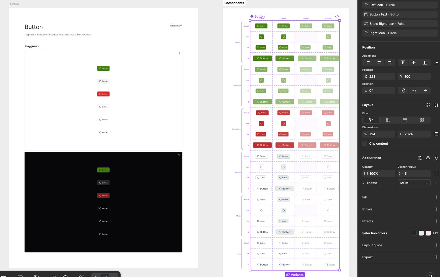 Button component with 87 variants covering all states