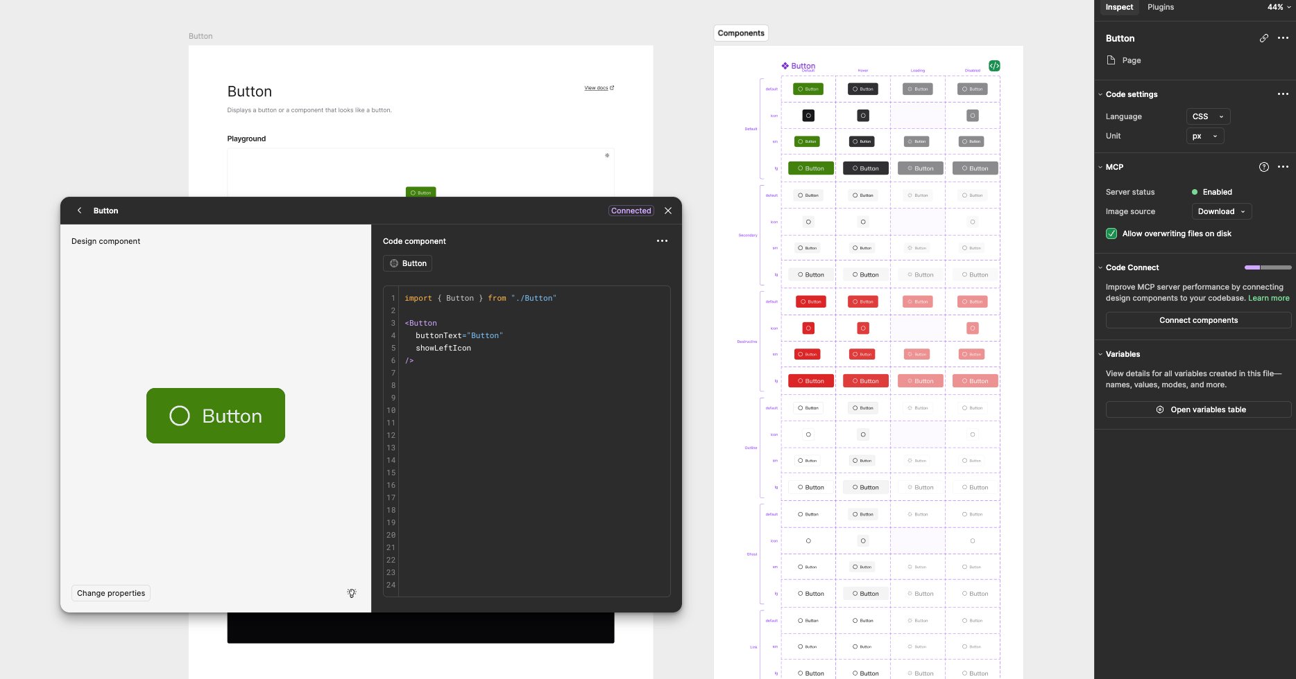 Figma Code Connect showing linked design and React components