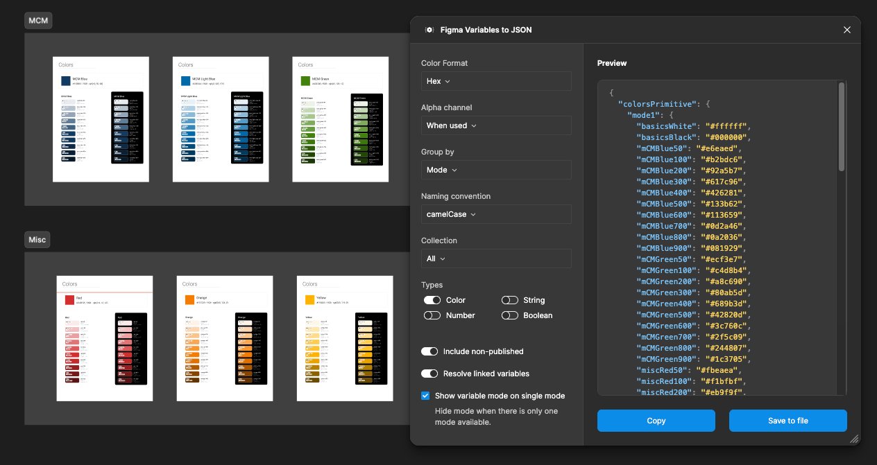 Figma Local Variables exported to JSON with color tokens