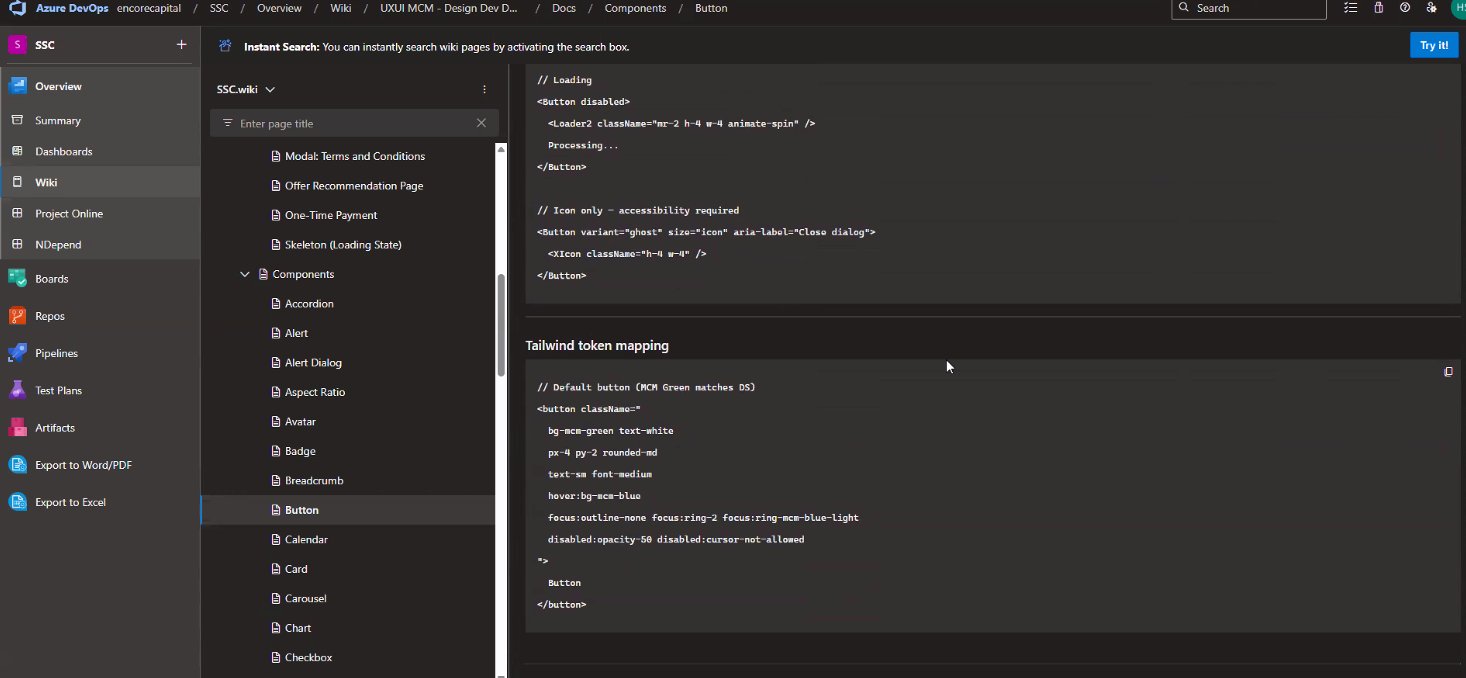 Button component with Tailwind token mapping showing MCM brand colors