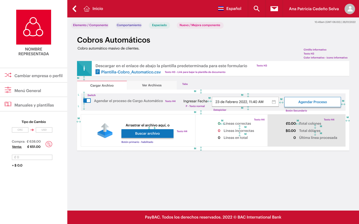 Paso 01 — Cobros Automáticos entry: toggle to schedule, date input, and file upload zone