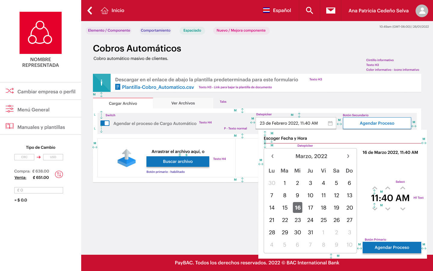 Paso 02 — Date picker open with calendar for Marzo 2022 and time selector at 11:40 AM