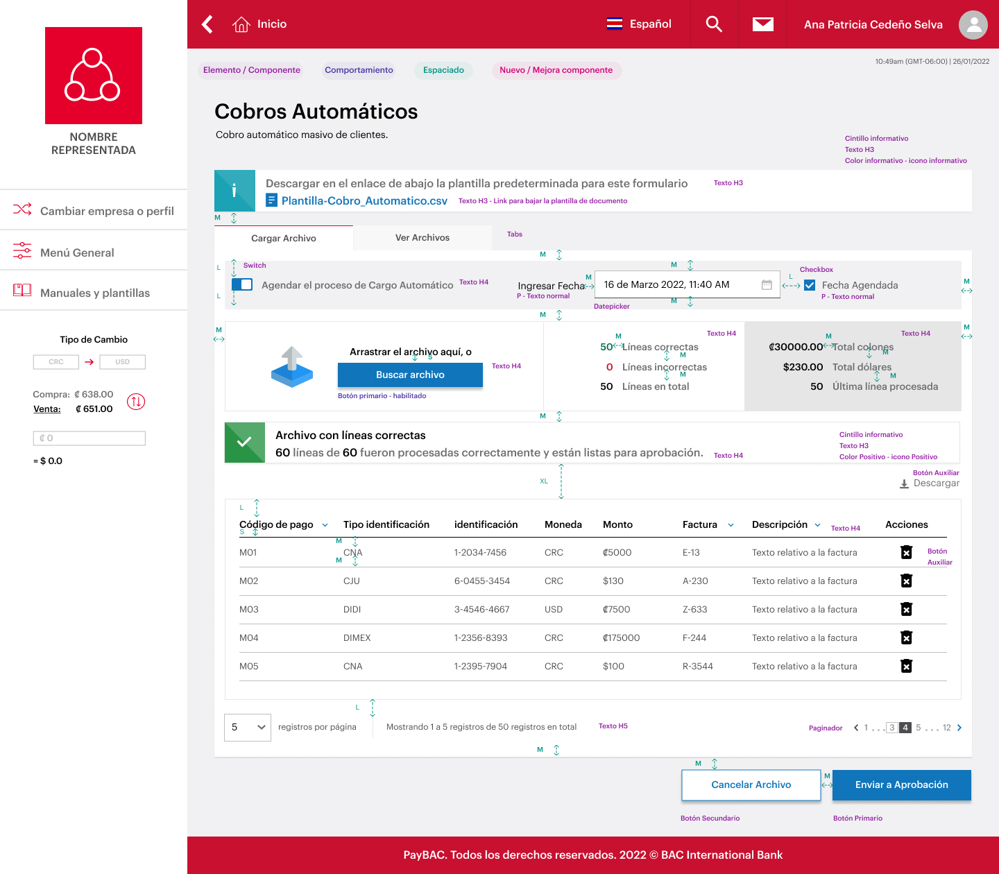 Resultado — All 60 lines processed correctly, collection table with amounts ready for approval