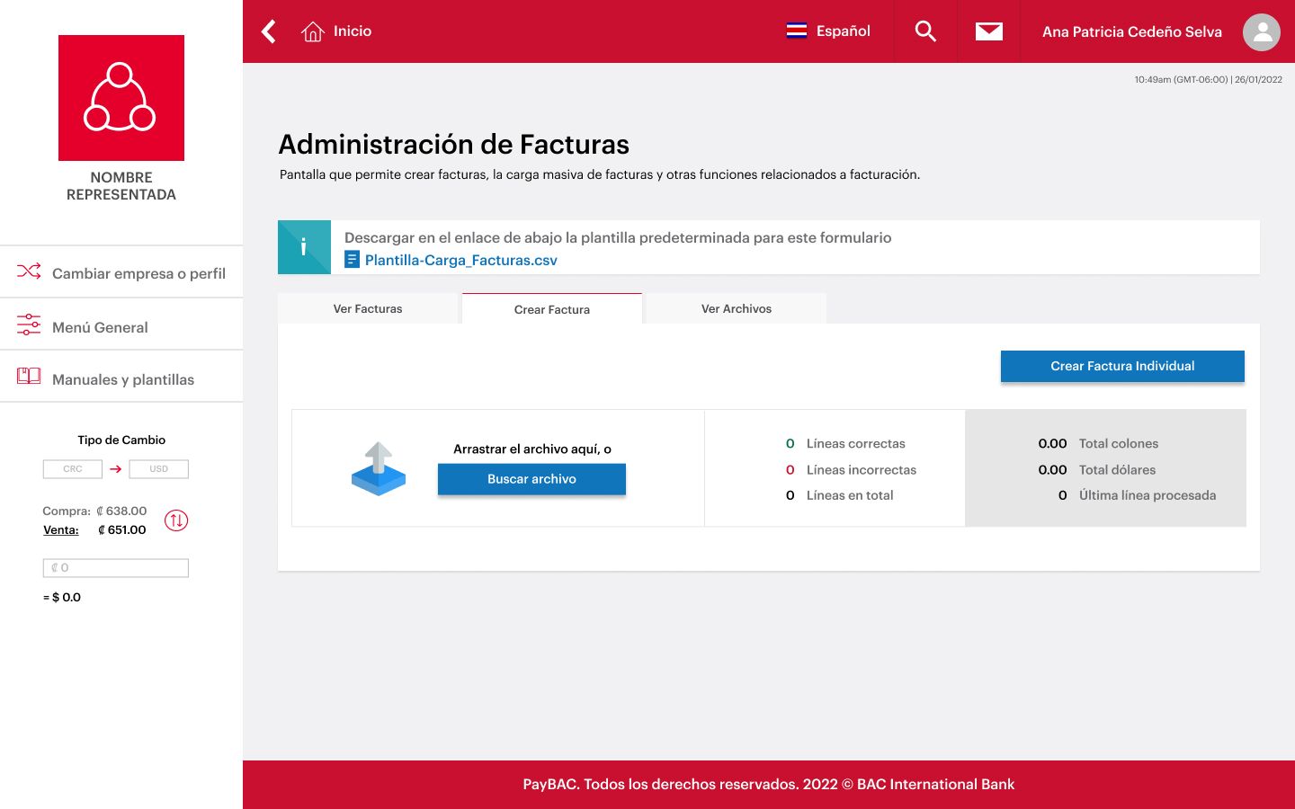 Paso 01 — Administración de Facturas empty state with CSV upload area