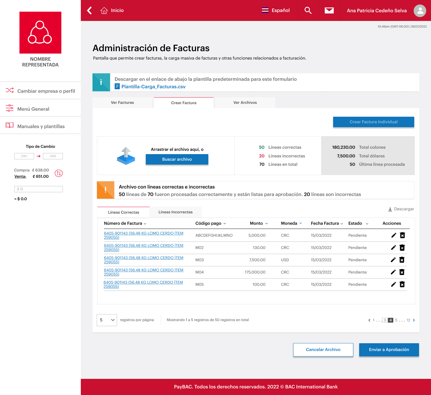 Resultado — Líneas Correctas tab showing 50 valid invoices ready for approval