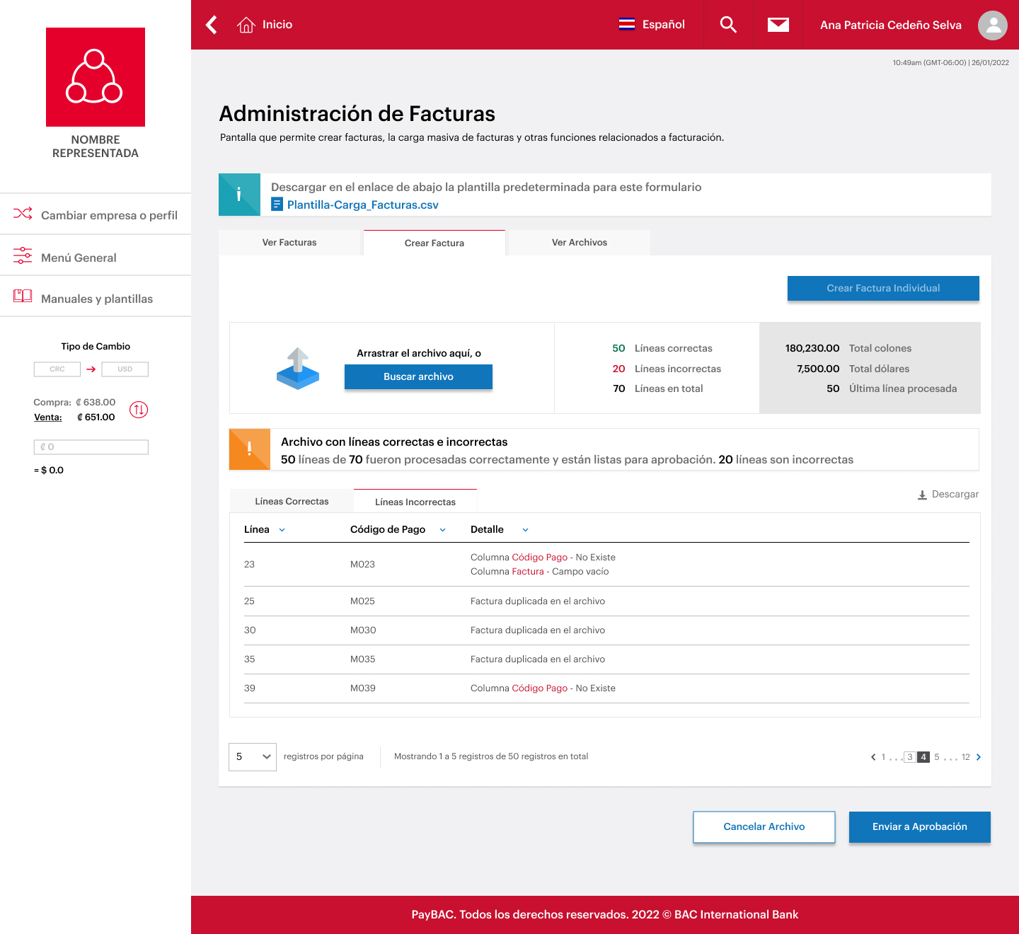 Resultado — Líneas Incorrectas tab showing 20 lines with validation errors