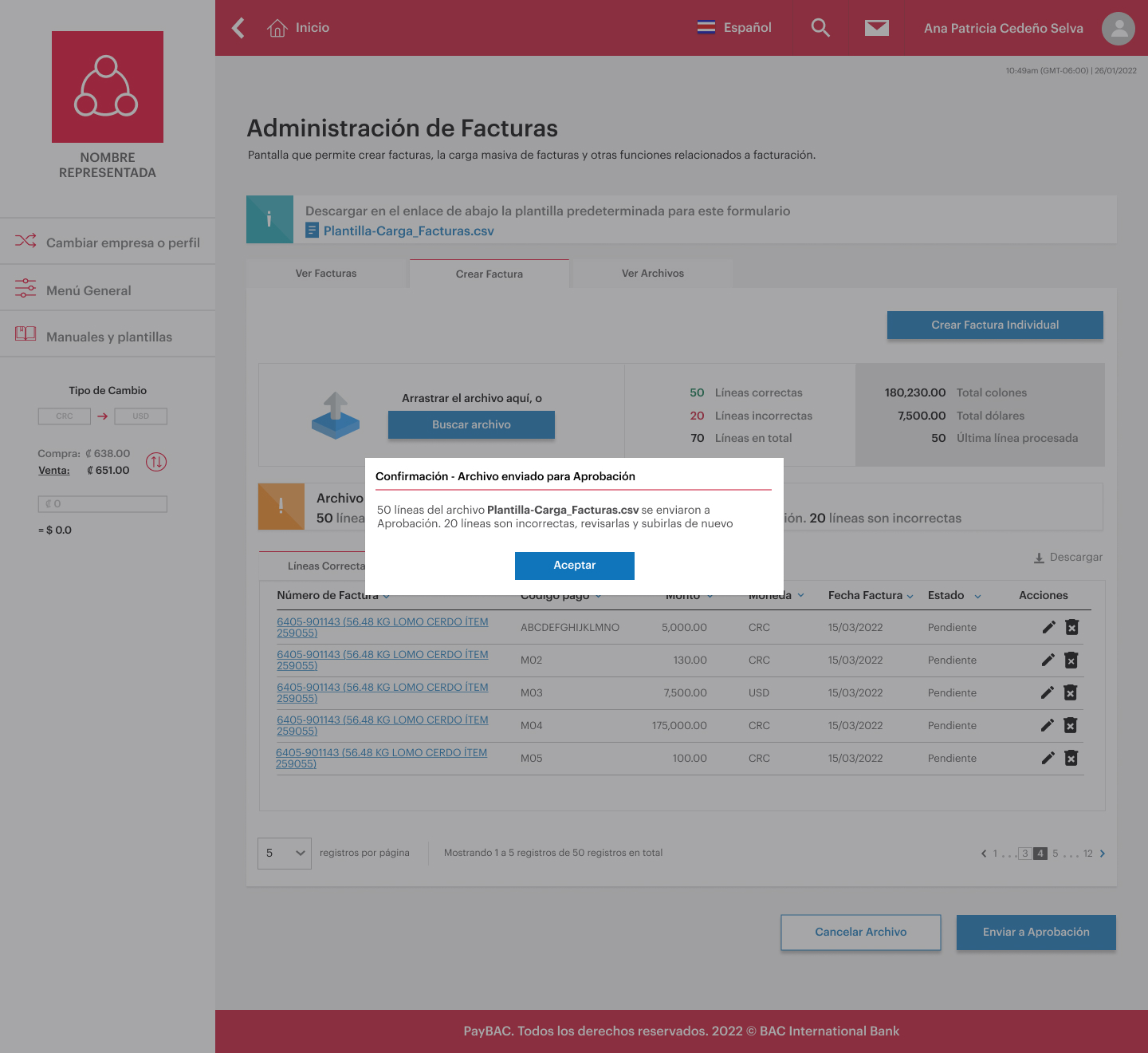 Aprobación — Final confirmation modal sending valid lines to approval queue