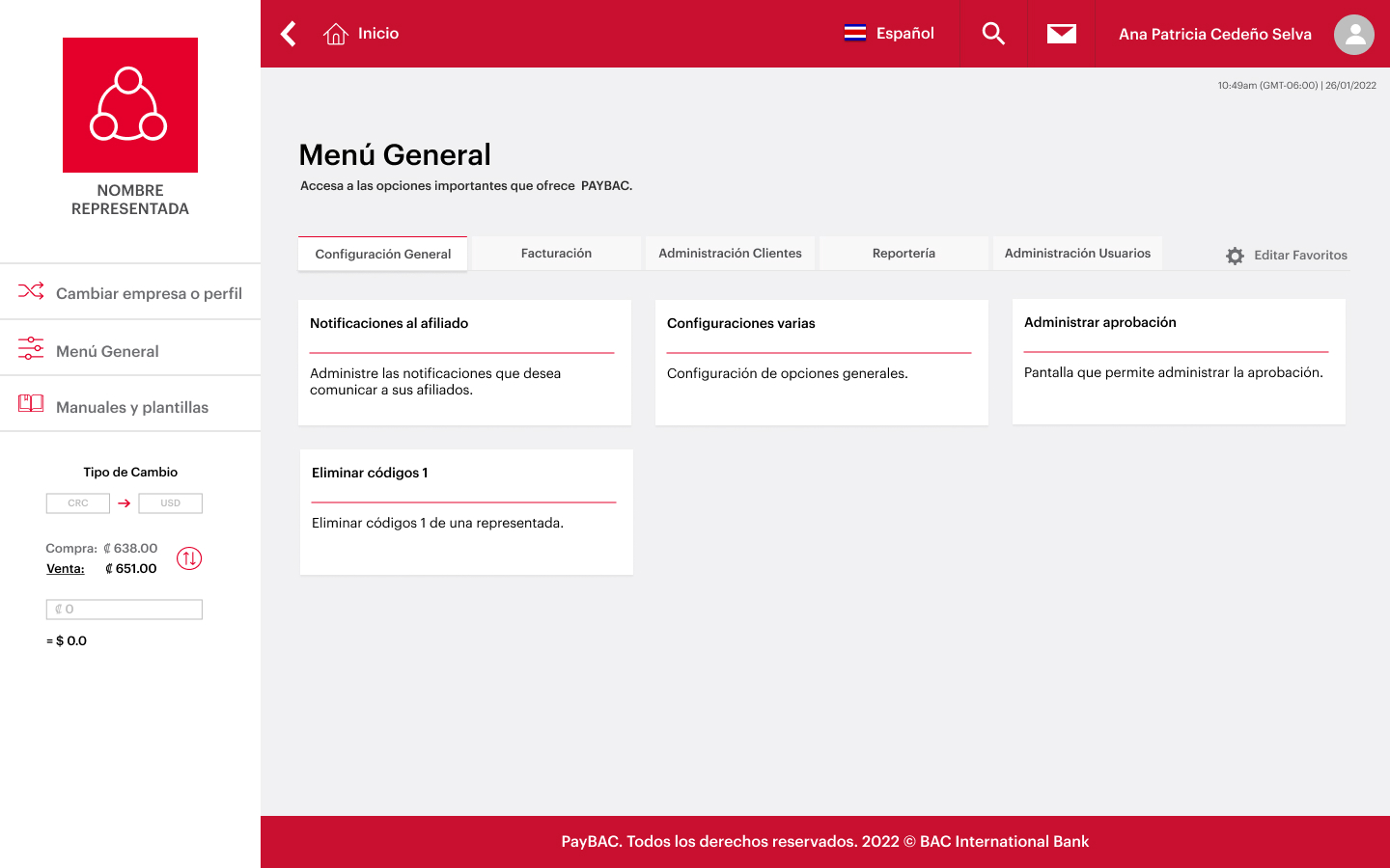 PayBAC — Menú General showing Configuración General tab with module cards