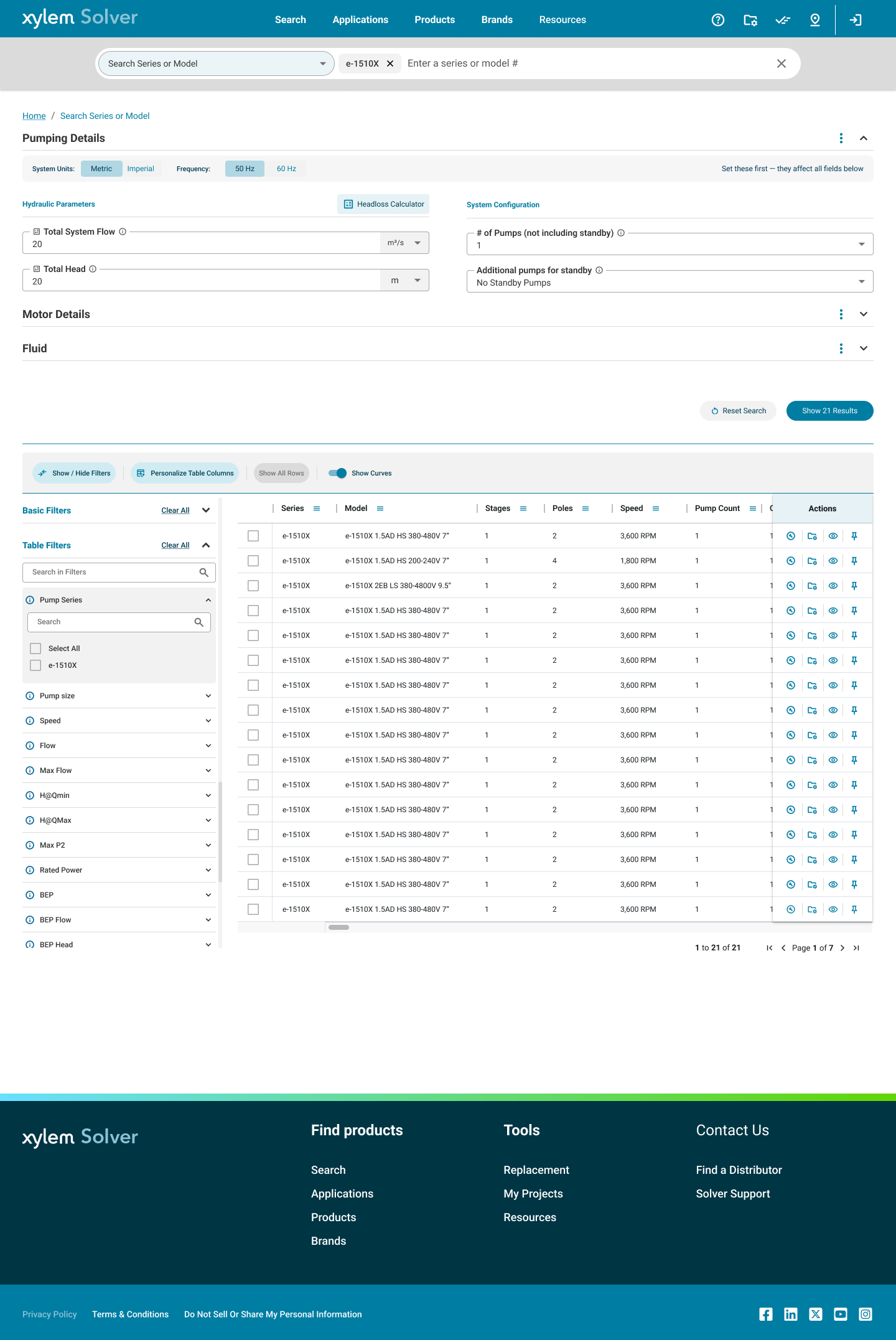 Advanced search with duty-point filters and AG Grid results table