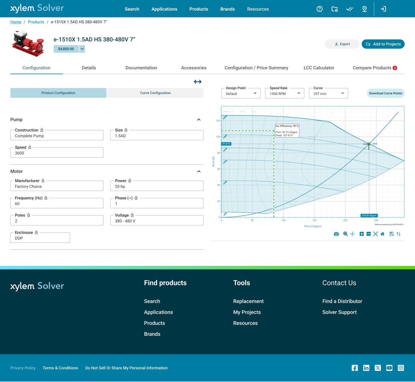 Product Configurator — inline Tacton integration with pump curve and motor parameters
