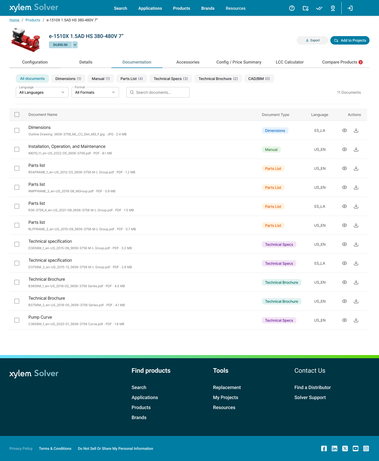 Documentation tab — filterable document repository with type tags and download actions