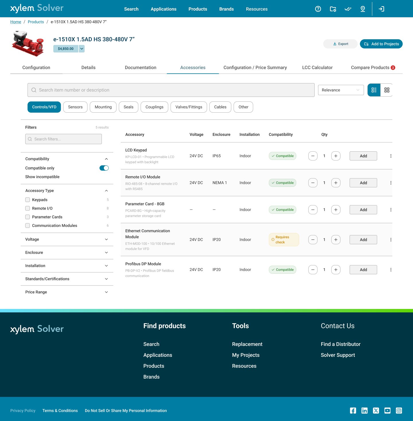 Accessories tab — compatible accessories with compatibility check and inline add-to-project