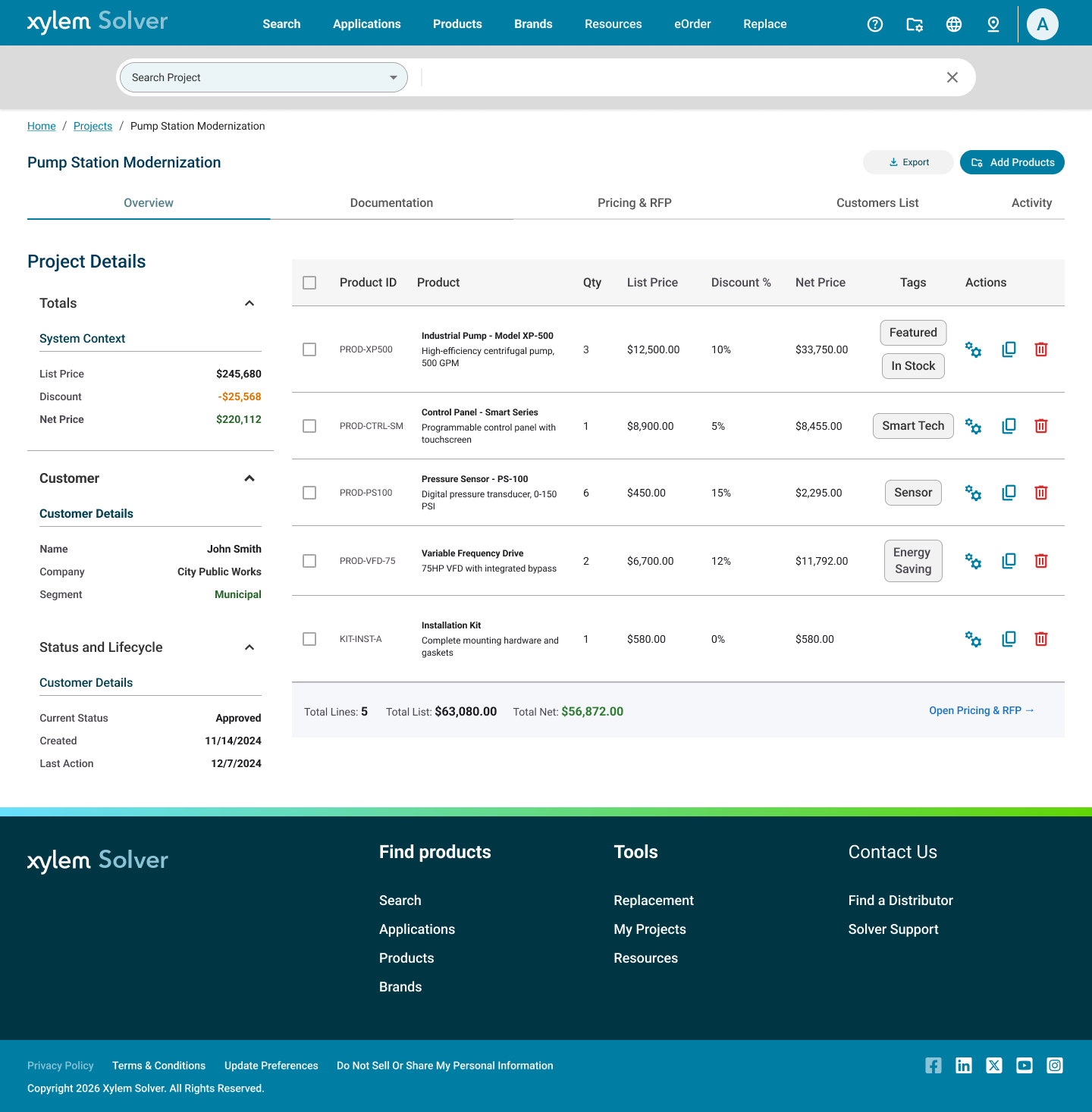 Project Details — product line items with pricing summary and customer context