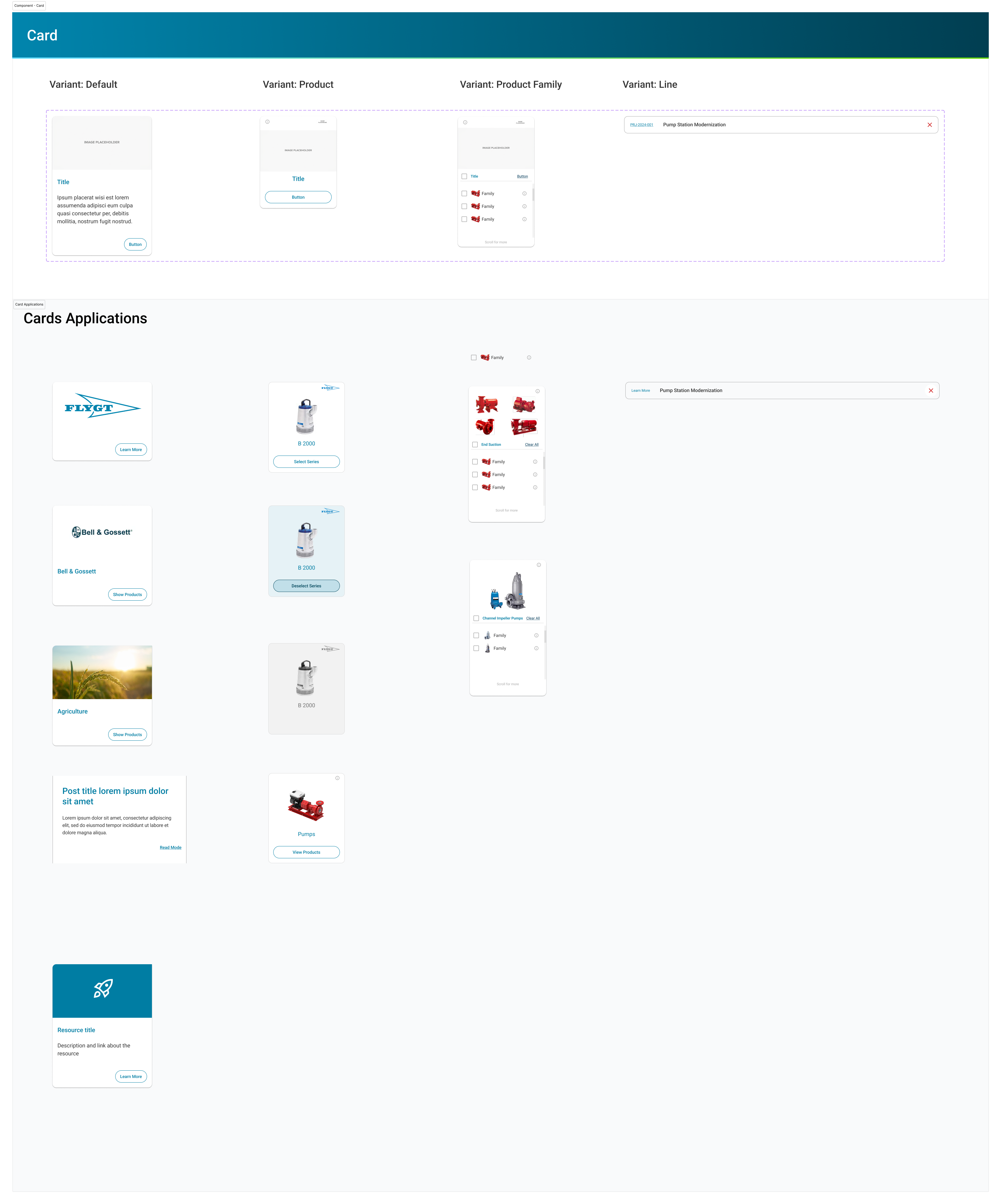 Component Card — Default, Product, Product Family, Line variants with real brand examples